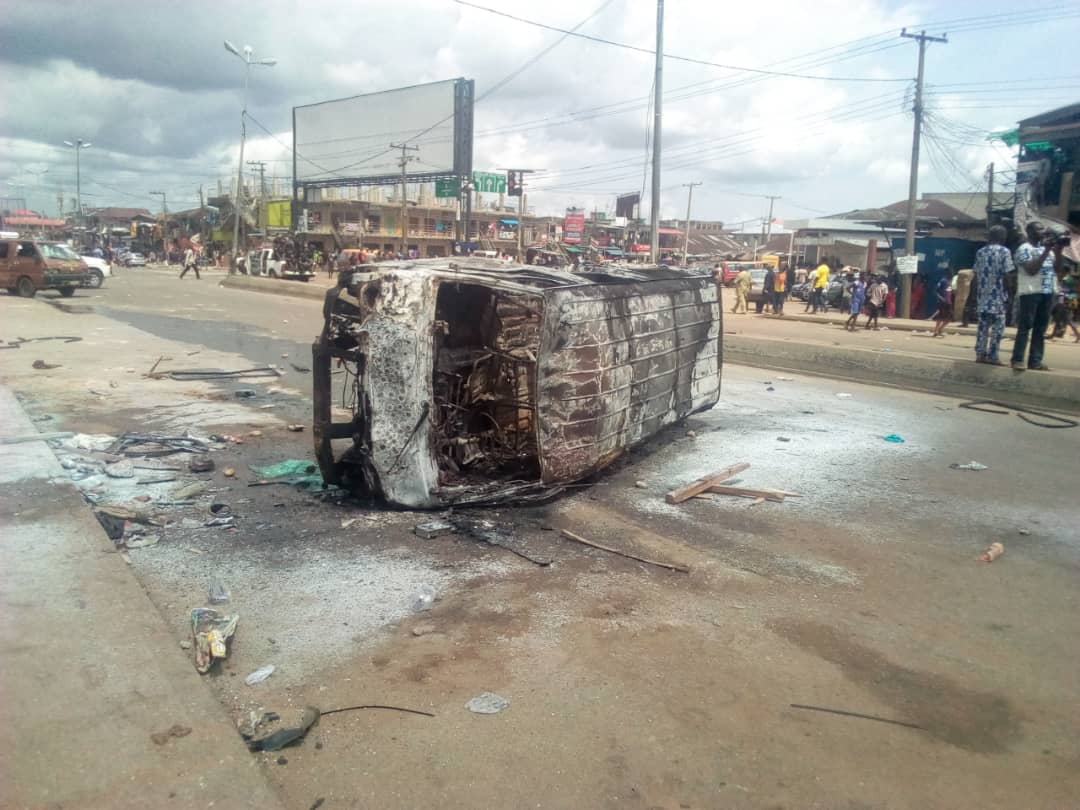 Burnt official bus of PUWOV during the crisis yesterday in Benin