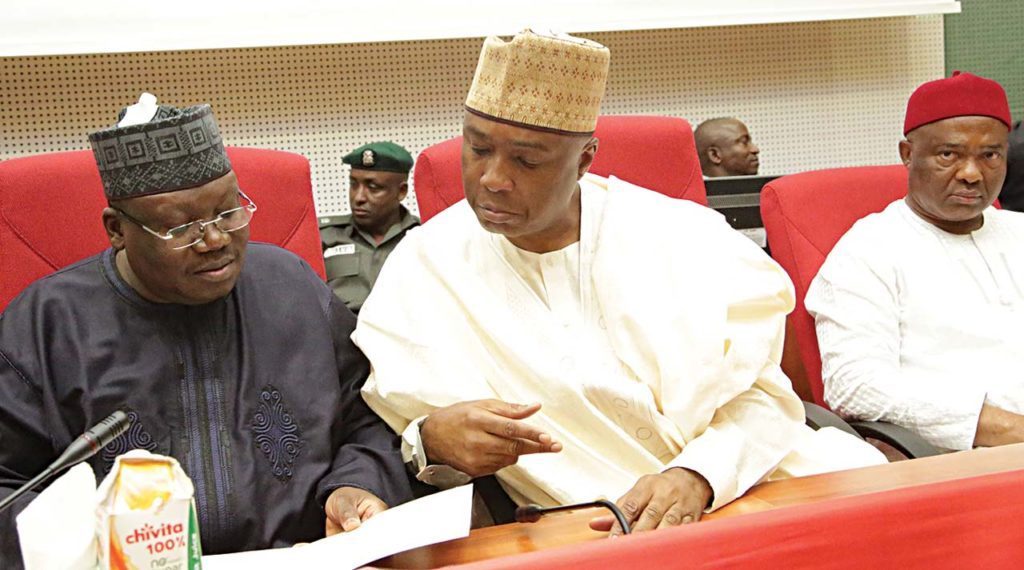 Senate-Leader-Ahmad-Lawan-left-Senate-President-Abubakar-Bukola-Saraki-and-Chairman-Senate-Committee-on-Customs-Excise-and-Tariffs-Hope-Uzodinma-1024×570