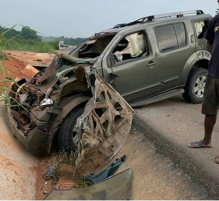 Yul-Edochies-car-after-he-survived-road-accident-on-Tuesday
