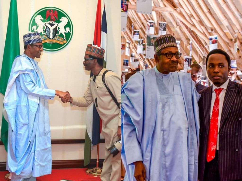 Sunday Aghaeze (l) and Bayo Omoboriowo (r) with President Muhammadu Buhari