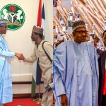 Sunday Aghaeze (l) and Bayo Omoboriowo (r) with President Muhammadu Buhari