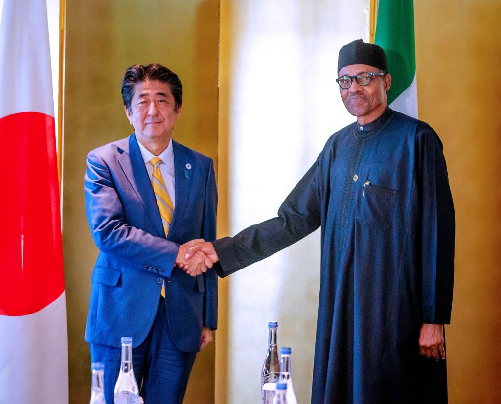 Nigerian President Muhammadu Buhari meets with Japanese Prime Minister Shinzo Abe in Tokyo