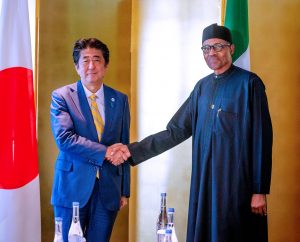 Nigerian President Muhammadu Buhari meets with Japanese Prime Minister Shinzo Abe in Tokyo