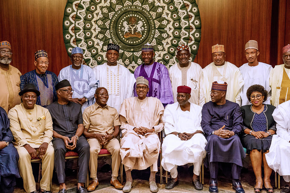 August 7, 2019: President Buhari (seated, middle) meets with APC members of Bauchi State House of Assembly in State House, Abuja