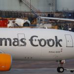A grounded airplane with the Thomas Cook livery is seen at Manchester Airport