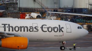 A grounded airplane with the Thomas Cook livery is seen at Manchester Airport