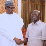 President Muhammadu Buhari (left), APC National Chairman Adams Oshiomhole