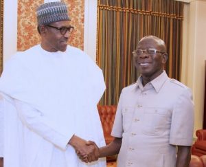 President Muhammadu Buhari (left), APC National Chairman Adams Oshiomhole