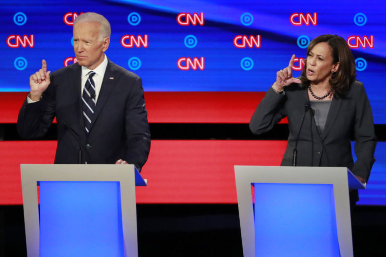 Former Vice President Biden and U.S. Senator  Harris gesture on the second night of the second U.S. 2020 presidential Democratic candidates debate in Detroit, Michigan, U.S.