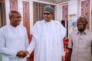 L-R: Bayelsa APC governorship candidate  David Lyon, President Muhammadu Buhari, APC National Chairman  Adams Oshiomhole