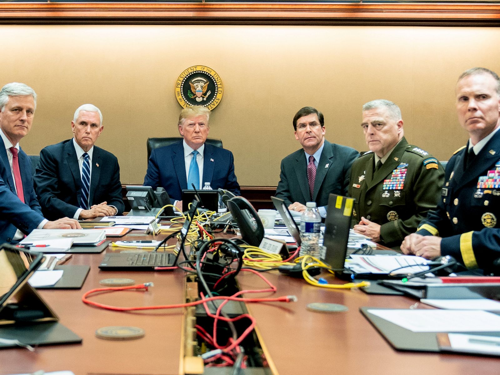 President Donald Trump and government officials monitor developments as special operations forces close in on ISIS leader Abu Bakr al-Baghdadi’s compound in Syria, from the situation room in the White House, Oct. 26, 2019
