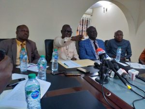 WUEDA Director General Ovuozourie Macaulay flanked by other members of the Agency while addressing reporters in Warri