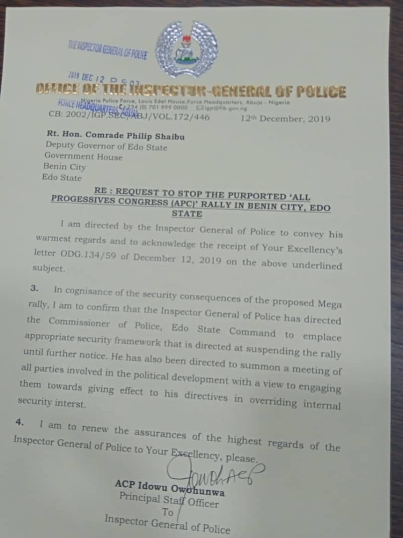 IGP orders suspension of APC rally in Edo