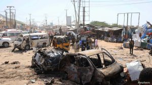 A general view shows the scene of a car bomb explosion at a checkpoint in Mogadishu