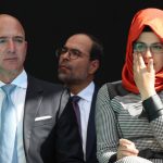 Hatice Cengiz (R), the fiancee of murdered Saudi journalist Jamal Khashoggi, and Jeff Bezos (L), CEO of Amazon and Owner of Washington Post, attend an event marking marks one-year anniversary of the assassination of Saudi dissident journalist Jamal Khashoggi  in Istanbul, Turkey, 02 October 2019 (reissued 22 January 2020)