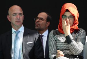 Hatice Cengiz (R), the fiancee of murdered Saudi journalist Jamal Khashoggi, and Jeff Bezos (L), CEO of Amazon and Owner of Washington Post, attend an event marking marks one-year anniversary of the assassination of Saudi dissident journalist Jamal Khashoggi  in Istanbul, Turkey, 02 October 2019 (reissued 22 January 2020)