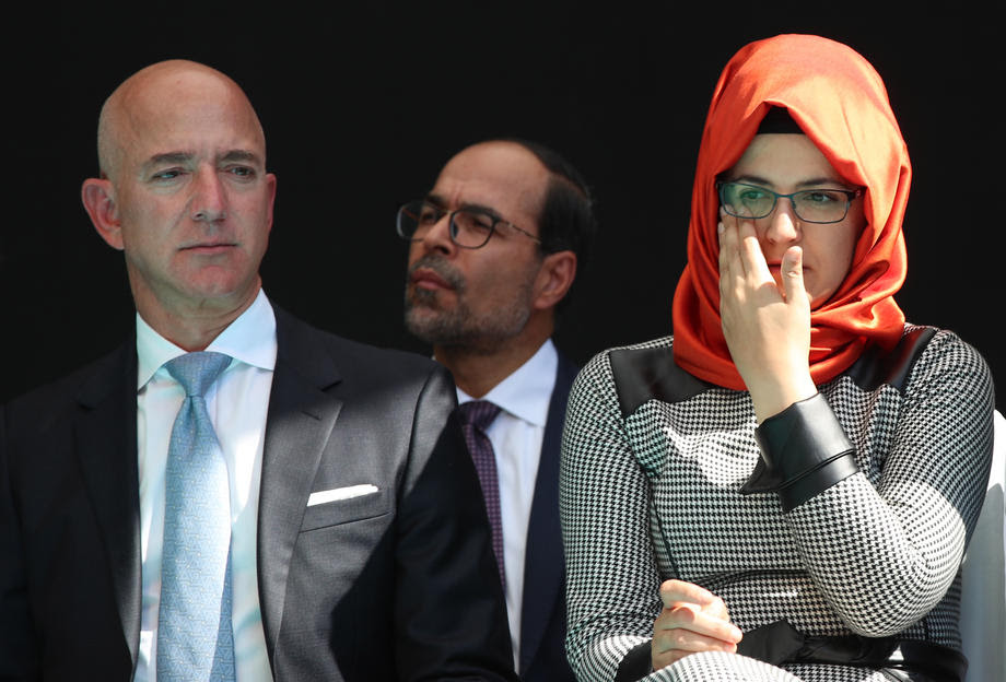 Hatice Cengiz (R), the fiancee of murdered Saudi journalist Jamal Khashoggi, and Jeff Bezos (L), CEO of Amazon and Owner of Washington Post, attend an event marking marks one-year anniversary of the assassination of Saudi dissident journalist Jamal Khashoggi  in Istanbul, Turkey, 02 October 2019 (reissued 22 January 2020)