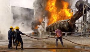 Firefighters putting out the flames at the TCN power station in Ibadan (Photo credit: Gbenga Olugbodi, 5/2/2020)