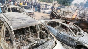 Charred remains of the burnt cars