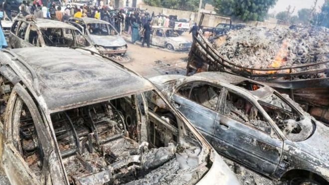 Charred remains of the burnt cars