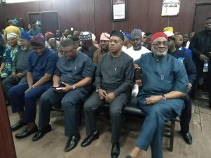 From right: Senator Obi, PDP Chairman, Secondus and others in a Lagos courtroom Monday, February 10, 2020