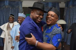 Bayelsa State Governor Douye Diri with PDP National Chairman Uche Secondus (right)