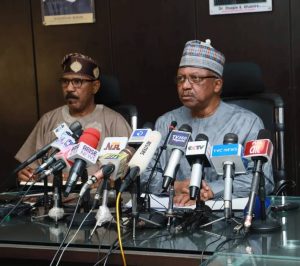 Minister of Health Osagie Ehanire flanked by Minister of State for Health Olurunimbe Mamaora (left) at a COVID-19 press briefing in Abuja on Friday, March 13