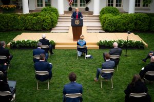 US President at the White House Rose Garden announcing new measures on coronavirus by his administration (Tuesday, April 14th, 2020)