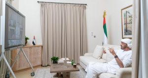 Sheikh Mohamed bin Zayed, Crown Prince of Abu Dhabi and Deputy Supreme Commander of the UAE Armed Forces, receives a briefing on the latest national efforts to combat Covid-19, via video conference on Monday. (All photos courtesy Ministry of Presidential Affairs)