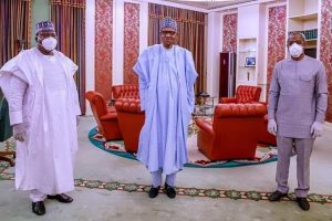 (L-R:) Senate President Ahmad Lawan, President Muhammadu Buhari, Femi Gbajabiamila