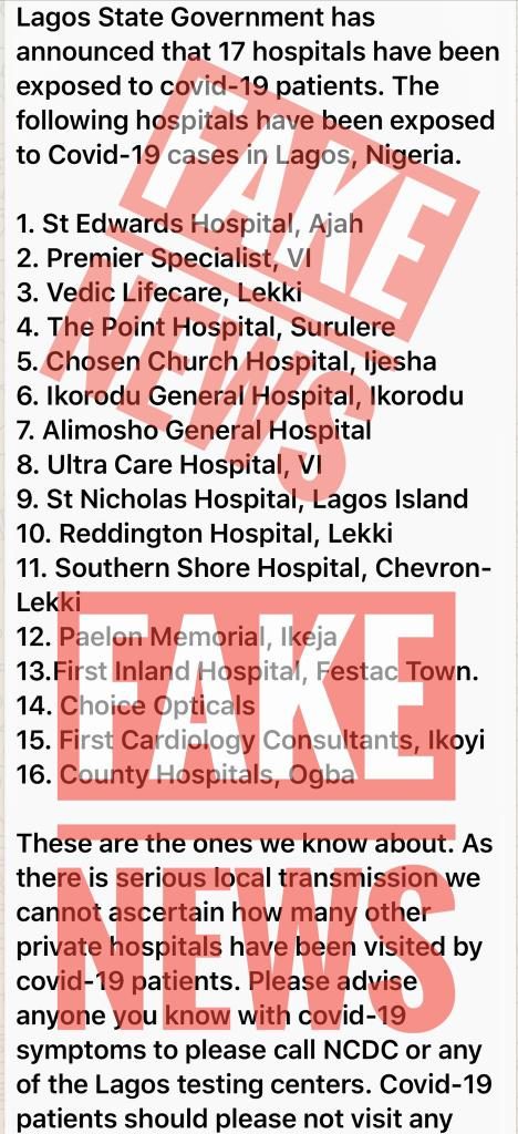Lagos debunks ‘fake’ list of hospitals exposed to COVID-19 cases
