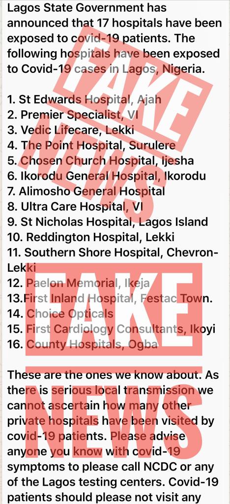 Lagos debunks ‘fake’ list of hospitals exposed to COVID-19 cases