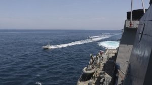 Iran’s Islamic Revolutionary Guard Corps vessels on close approach to U.S. military ships in the Persian Gulf near Kuwait, on Wednesday. (U.S. Navy/AP)