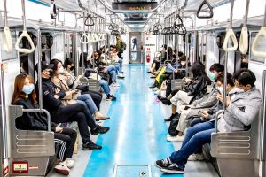 Most riders wearing protective masks during the Coronavirus pandemic, Seoul, South Korea