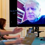 British PM Boris John attends a meeting via videoconference