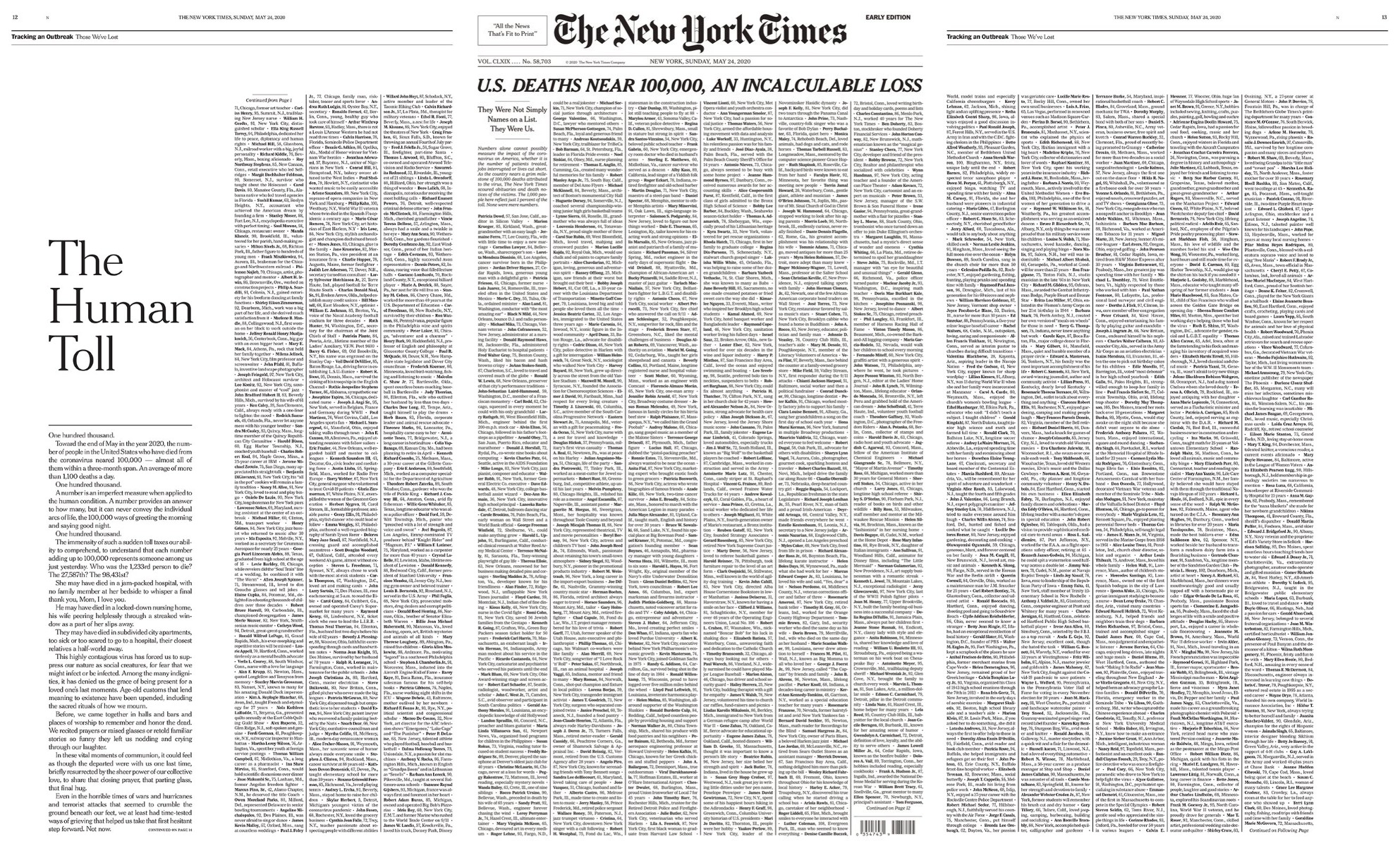 New York Times fills front page with names of virus dead