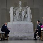 President Donald Trump speaks during a Fox News virtual town hall from the Lincoln Memorial, Sunday, May 3, 2020, in Washington, co-moderated by FOX News anchors Bret Baier and Martha MacCallum. (AP Photo/Evan Vucci)