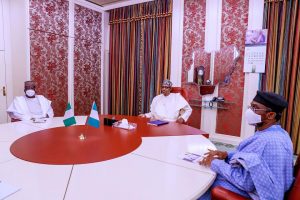 President Buhari receives in audience Senate President Ahmed Lawan and Speaker Femi Gbajabiamila in State House on June 30, 2020 (Photo credit: Bayo Omoboriowo)