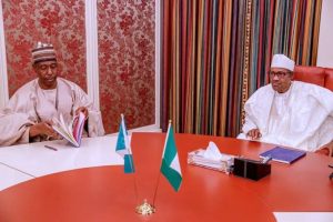 Borno State Governor Babagana Zulum (left) meets with President Muhammadu Buhari (right) in Abuja