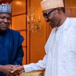 Former Speaker of the House of Representatives Yakubu Dogara (left) with President Muhammadu Buhari