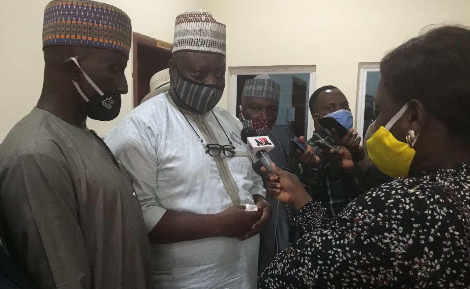The National President of MHWUN, Josiah Biobelemoye, (centre), addressing journalists