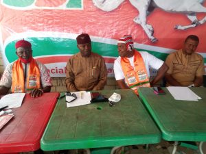 National Vice-Chairman (South East) of SDP, Chief Arinze Ekelem (2nd L) and the Anambra State Chairman, Dr Webster Okonkwo, flanked by others during the SDP press briefing in Awka