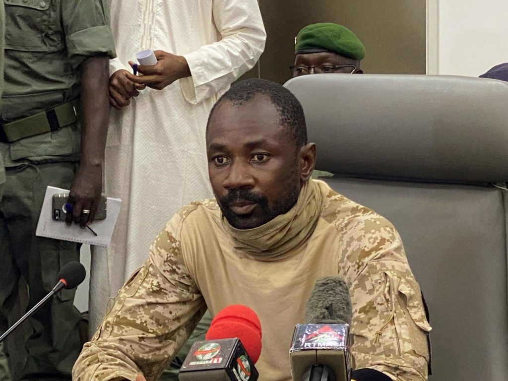 Colonel Assimi Goita speaks to the press at the Malian Ministry of Defence in Bamako, Mali, on Wednesday ( AFP via Getty Images )