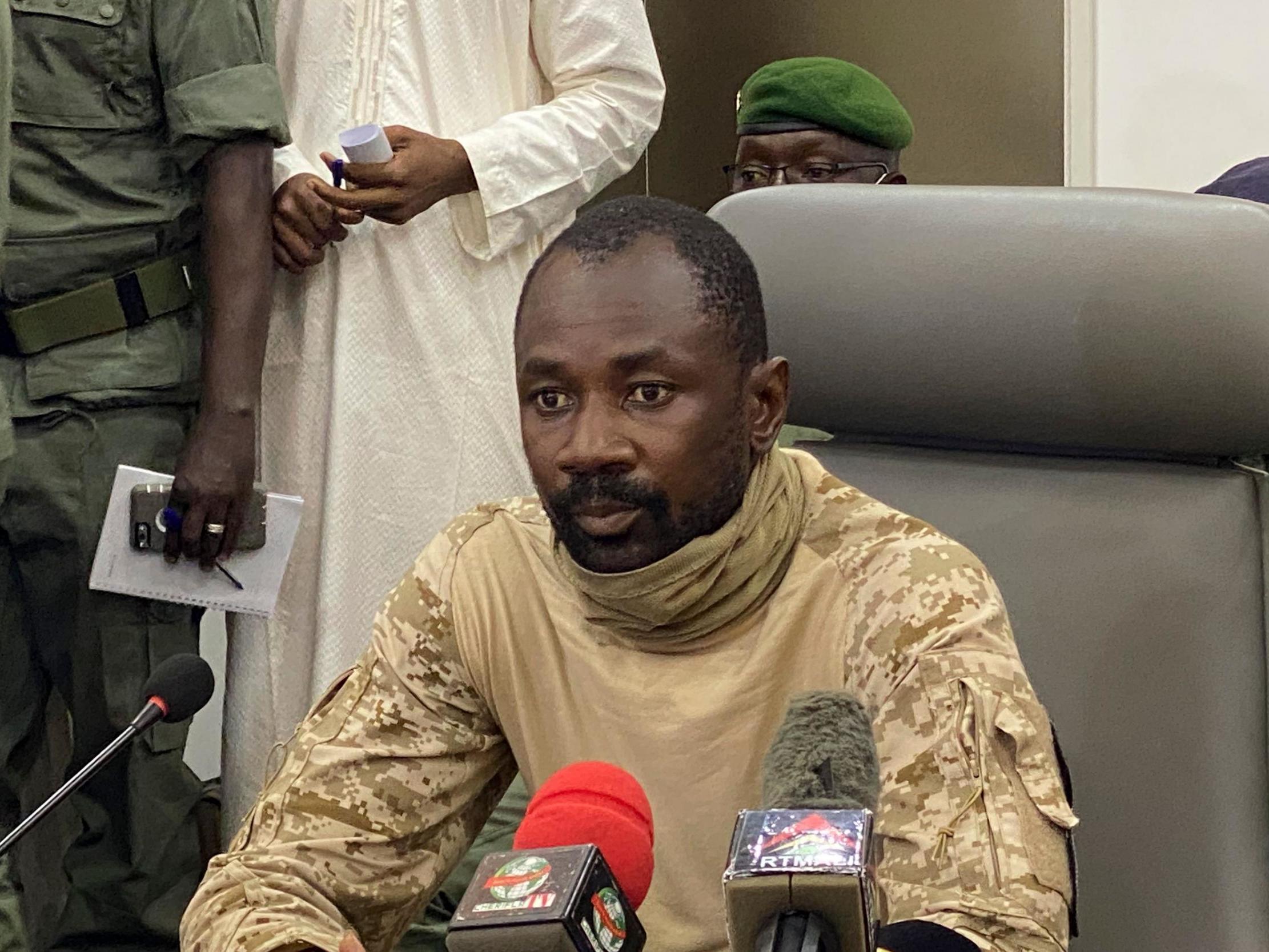 Colonel Assimi Goita speaks to the press at the Malian Ministry of Defence in Bamako, Mali, on Wednesday ( AFP via Getty Images )