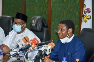Bauchi State Governor Bala Mohammed (left), Nigerian Christian Pilgrims Commission (NCPC) Yakubu Pam (right)