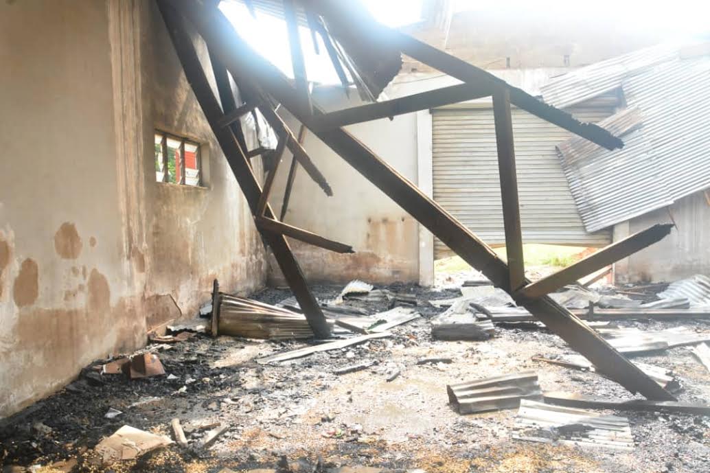 The remains of the SEMA warehouse in Ado Ekiti looted and burnt by suspected hoodlums during the visit by the Deputy Governor