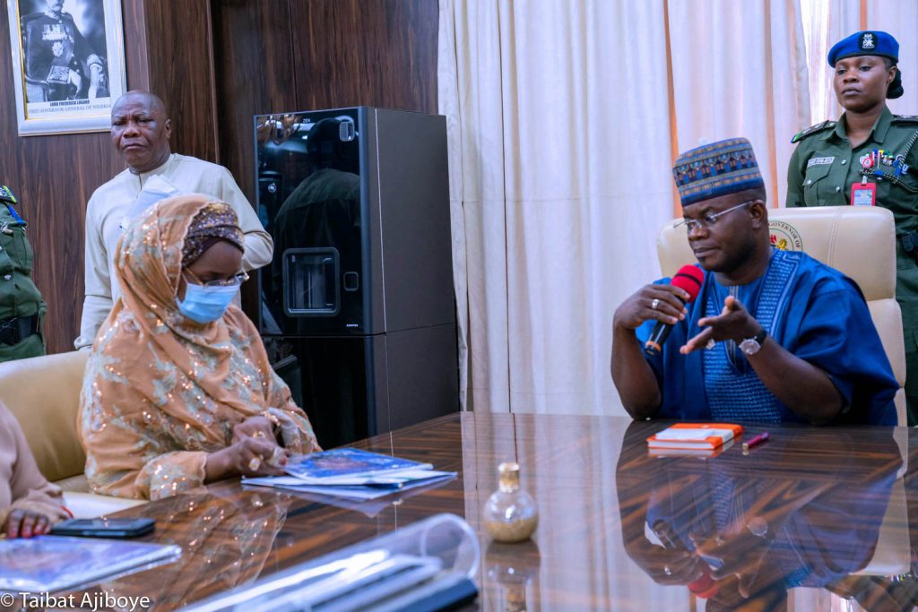 Left- Minister of Humanitarian Affairs, Disaster Management and Social Development, Hajia Sadiya Umar Farouq, listening to Kogi Governor, .Alhaji Yahaya Bello, during the Flag off of distribution of relief materials to flood victims at Govt. House Lokoja on Tuesday
