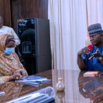 Left- Minister of Humanitarian Affairs, Disaster Management and Social Development, Hajia Sadiya Umar Farouq, listening to Kogi Governor, .Alhaji Yahaya Bello, during the Flag off of distribution of relief materials to flood victims at Govt. House Lokoja on Tuesday