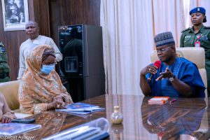 Left- Minister of Humanitarian Affairs, Disaster Management and Social Development, Hajia Sadiya Umar Farouq, listening to Kogi Governor, .Alhaji Yahaya Bello, during the Flag off of distribution of relief materials to flood victims at Govt. House Lokoja on Tuesday