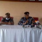 L-R: Edo State Commissioner of Police, Johnson Kokumo and AIG Zone 5, Shola David, shortly before a strategic security meeting in Benin, on Sunday